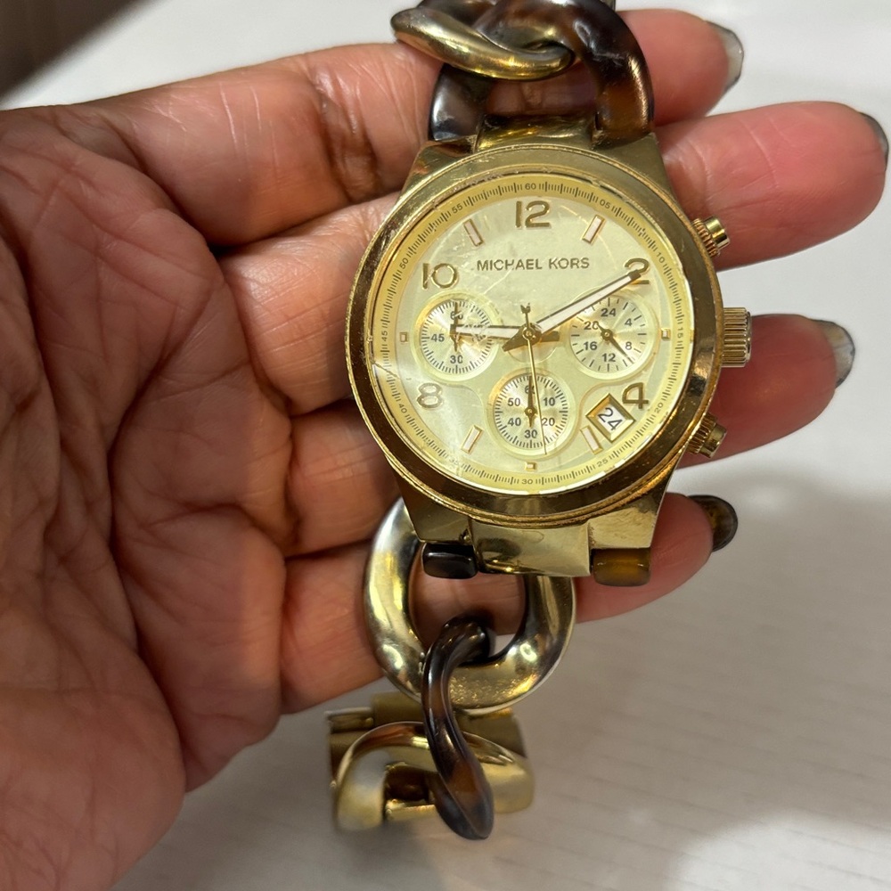 Authentic Michael Kors Gold & Tortoise Shell (Gold and Brown) Chain Link Watch.